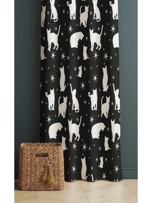 Alamodecor Sevimli Beyaz Kedi Model Tek Kanat Genç Odası Fon Perde