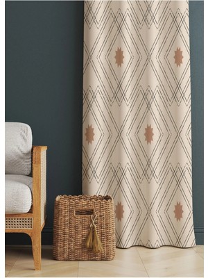 Alamodecor Çizgili Krem ve Sütlü Kahve Rengi Etnik Desenli Baskılı Fon Perde (Tek Kanat)