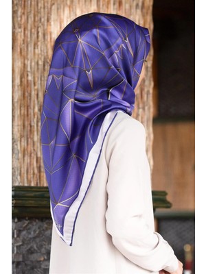 Violla Twill Geometrik Desenli Saks Renkli 90X90 Eşarp (Ipek Içermez) Kenar Dikiş Şekli El Dikişli