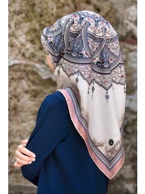 Vissona %100 Twill Ipek Şal Desenli Pudra - Bebe Mavisi Renkli 90X90 Eşarp Dikim Şekli : El Dikişi