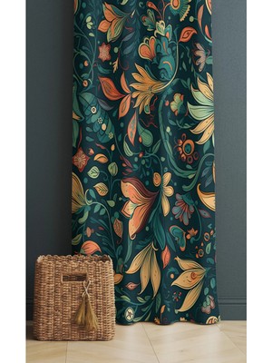 Alamodecor Yeşil Turuncu Sarı Çiçekli Model Tek Kanat Oturma Odası Salon Fon Perde