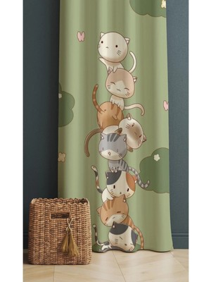 Alamodecor Yeşil Üst Üste Binmiş Kedi Desenli Çocuk Odası & Bebek Odası Fon Perdesi Tek Kanat