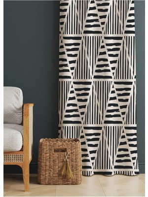 Alamodecor Krem Siyah Çizgili Geometrik Etnik Desenli Baskılı Fon Perde (Tek Kanat)