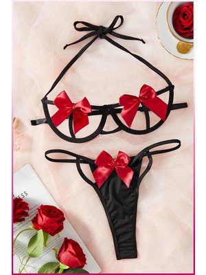 Beruflic Siyah-Kırmızı Göğüs Fiyonklu Balenli Sütyen Külot Takım