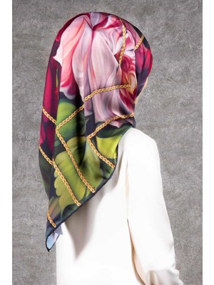 Violla Twill Gül Desenli Şarabi - Haki Renkli 90X90 Eşarp (Ipek Içermez) Kenar Dikiş Şekli El Dikişli