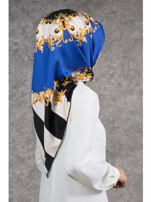 Violla Twill Çizgili Barok Desenli Indigo - Siyah Renkli 90X90 Eşarp (Ipek Içermez)