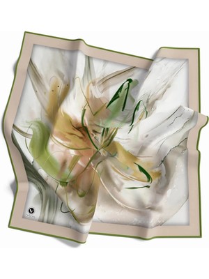 Violla Twill Çiçek Tablo Desenli Haki Yeşili Renkli 90X90 Eşarp (Ipek Içermez) Kenar Dikiş Şekli El Dikişli