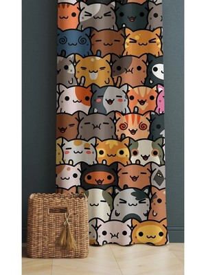 Alamodecor Kedi Model Karışık Renkli Tek Kanat Genç Odası Fon Perde