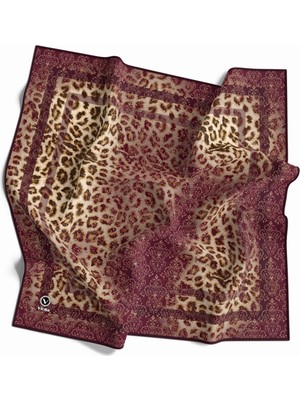 Violla Twill Leopar Desenli Mürdüm Renkli 90X90 Eşarp (Ipek Içermez) Kenar Dikiş Şekli El Dikişli