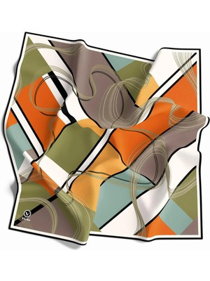 Violla Twill Geometrik Desenli Turuncu - Haki Renkli 90X90 Eşarp (Ipek Içermez) Dikim Şekli : El Dikişi