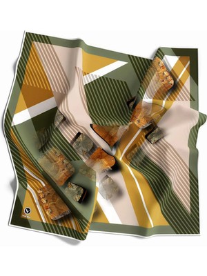 Violla Twill Çizgili ve Geometrik Desenli Haki Renkli 90X90 Eşarp (Ipek Içermez) Kenar Dikiş Şekli El Dikişli