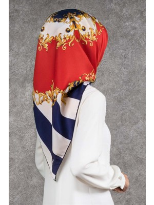 Violla Twill Çizgili Barok Desenli Lacivert - Kırmızı Renkli 90X90 Eşarp (Ipek Içermez)
