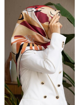 Vissona %100 Twill Ipek Çiçek Desenli Bordo - Bej Renkli 90X90 Eşarp Dikim Şekli : El Dikişi
