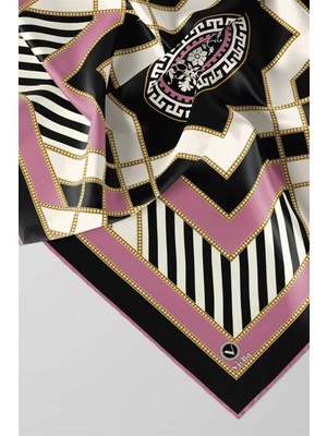 Violla Twill Gold Detaylı Çizgili Desenli Pembe Renkli 90X90 Eşarp (Ipek Içermez) Kenar Dikiş Şekli El Dikişli