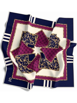 Violla Kristal Ekoseli Gold Desenli Lacivert - Mürdüm Renkli 90X90 Eşarp (Ipek Içermez) Kenar Dikiş Şekli El Dikişli