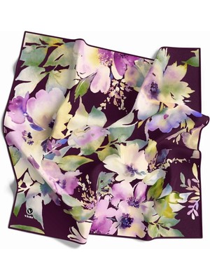 Violla Kristal Büyük Çiçek Desenli Mürdüm Renkli 90X90 Eşarp (Ipek Içermez) Kenar Dikiş Şekli El Dikişli