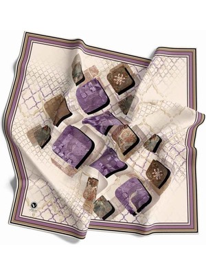 Violla Kristal Geometrik Taş Desenli Krem - Mor Renkli 90X90 Eşarp (Ipek Içermez) Dikim Şekli : El Dikişi