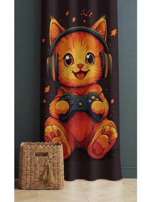 Alamodecor Gammer Oyuncu Kedi Tek Kanat Genç Odası Fon Perde