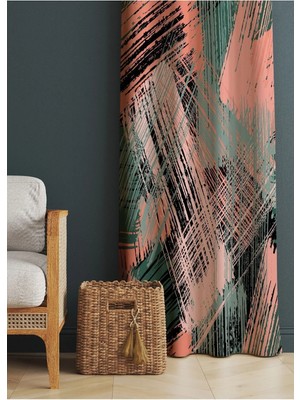 Alamodecor Yavru Ağzı ve Yeşil Renk Yağlı Boya Desenli Baskılı Fon Perde (Tek Kanat)