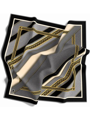 Violla Twill Gold Çerçeveli Renkli Şerit Desenli Gri Renkli 90X90 Eşarp (Ipek Içermez) Dikim Şekli : El Dikişi