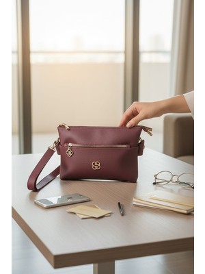 Rafiel Bordo Kadın Çapraz Askılı Omuz Çantası - Çok Bölmeli Fermuarlı Günlük Portföy Çanta