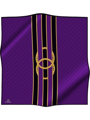 Vissona %100 Twill Ipek Zincirli ve Monogram Desenli Mor - Siyah Renkli 90X90 Eşarp Dikim Şekli : El Dikişi