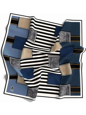 Violla Twill Geometrik ve Çizgili Desenli Indigo Renkli 90X90 Eşarp (Ipek Içermez) Dikim Şekli : El Dikişi