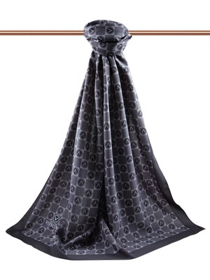 Vissona Lüks Medine Ipeği Monogram Desenli Füme Renkli 75X195 Kırışmaz Şal Moss Krep Dikiş Tipi Italyan Dikişli