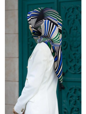Vissona %100 Twill Ipek Okyanus Dalgası Desenli Saks - Zümrüt Yeşili Renkli 90X90 Eşarp Kenar Dikiş Şekli El Dikişli
