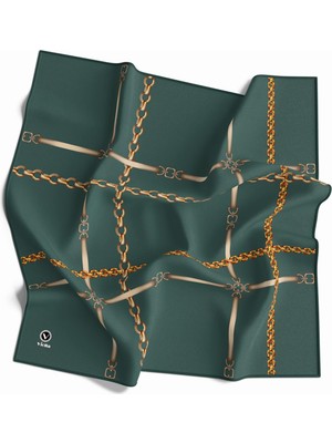 Violla Twill Zincir ve Kemer Desenli Benetton Yeşili Renkli 90X90 Eşarp (Ipek Içermez) Kenar Dikiş Şekli El Dikişli