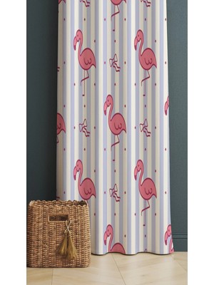 Alamodecor Mor Çizgili Pembe Flamingo ve Fiyonk Kurdele Desenli Tek Kanat Fon Perde