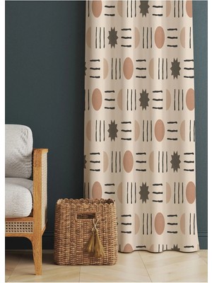Alamodecor Krem Etnik Model Geometrik Desenli Oturma Odası § Salon Fon Perdesi Tek Kanat