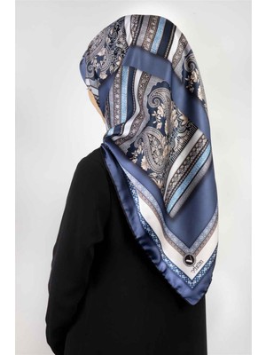 Violla Twill Şal Desenli Indigo - Gri Renkli 90X90 Eşarp (Ipek Içermez) Kenar Dikiş Şekli El Dikişli