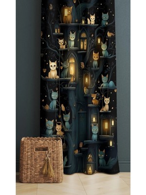 Alamodecor Ev ve Kedi Model Tek Kanat Genç Odası Fon Perde