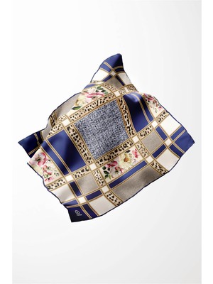 Violla Twill Leopar ve Çiçek Desenli Lacivert - Krem Renkli 90X90 Eşarp (Ipek Içermez) Dikim Şekli : El Dikişi