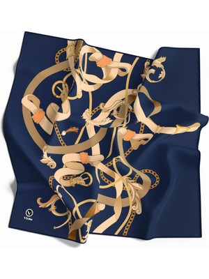 Violla Twill Kemerli ve Zincir Desenli Indigo Renkli 90X90 Eşarp (Ipek Içermez) Kenar Dikiş Şekli El Dikişli