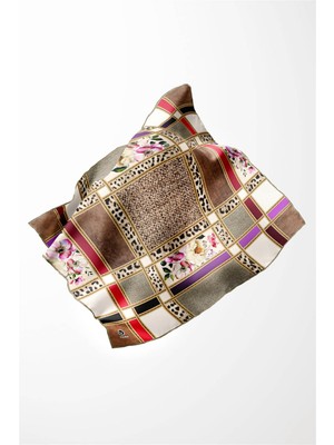 Violla Twill Leopar ve Çiçek Desenli Vizon - Pembe Renkli 90X90 Eşarp (Ipek Içermez) Dikim Şekli : El Dikişi
