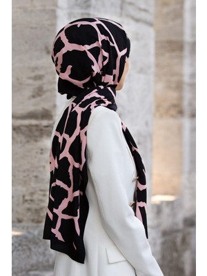 Vissona Lüks Medine Ipeği Taş Desenli Siyah - Pudra Renkli 75X195 Kırışmaz Şal Moss Krep Dikiş Tipi Italyan Dikişli