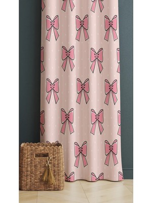 Alamodecor Pembe Puantiyeli Kurdele Model Tek Kanat Fon Perde