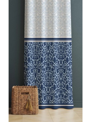 Alamodecor Mavi Beyaz Etnik Desen Tek Kanat Oturma Odası Salon Fon Perde