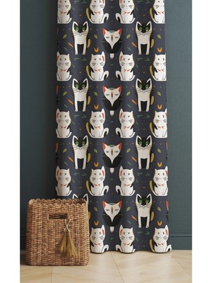 Alamodecor Sevimli Kedi Model Tek Kanat Genç Odası Fon Perde