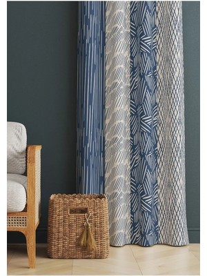 Alamodecor Mavi Geometrik Çizgili Farklı Desenli Oturma Odası § Salon Fon Perdesi Tek Kanat