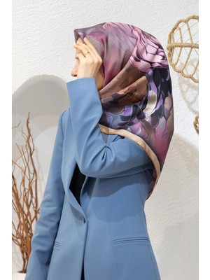 Vissona %100 Twill Ipek Dumanlı Çiçek Desenli Somon - Lila Renkli 90X90 Eşarp Kenar Dikiş Şekli El Dikişli