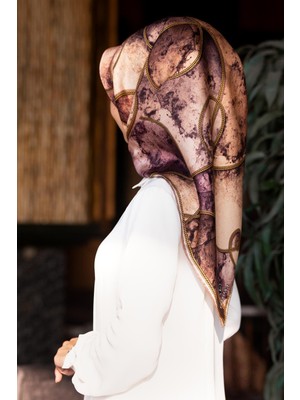 Vissona %100 Twill Ipek Zincirli Mermer Desenli Gül Kurusu - Vizon Renkli 90X90 Eşarp Dikim Şekli : El Dikişi