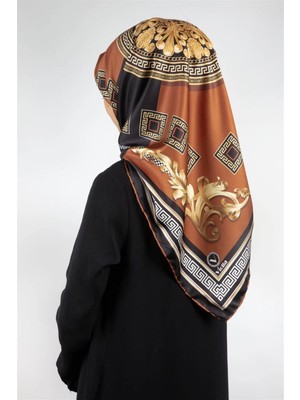 Violla Twill Barok Desenli Taba Renkli 90X90 Eşarp (Ipek Içermez) Kenar Dikiş Şekli El Dikişli