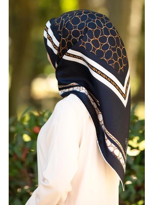 Vissona %100 Twill Ipek Gold Halka Desenli Lacivert - Krem Renkli 90X90 Eşarp Dikim Şekli : El Dikişi