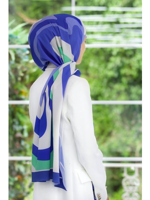 Vissona Lüks Medine Ipeği Geometrik Desenli Indigo Renkli 75X195 Kırışmaz Şal Moss Krep Dikiş Tipi Italyan Dikişli