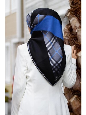 Vissona % 57 Ipek % 43 Viskon Twill Ipek Ekose Desenli Saks - Siyah Renkli 90X90 Eşarp Dikim Şekli : El Dikişi