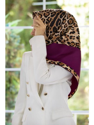 Vissona %100 Twill Ipek Leopar Desenli Mürdüm Renkli 90X90 Eşarp Dikim Şekli : El Dikişi
