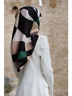 Vissona %100 Twill Ipek Geometrik Desenli Petrol Yeşili - Bej Renkli 90X90 Eşarp Dikim Şekli : El Dikişi